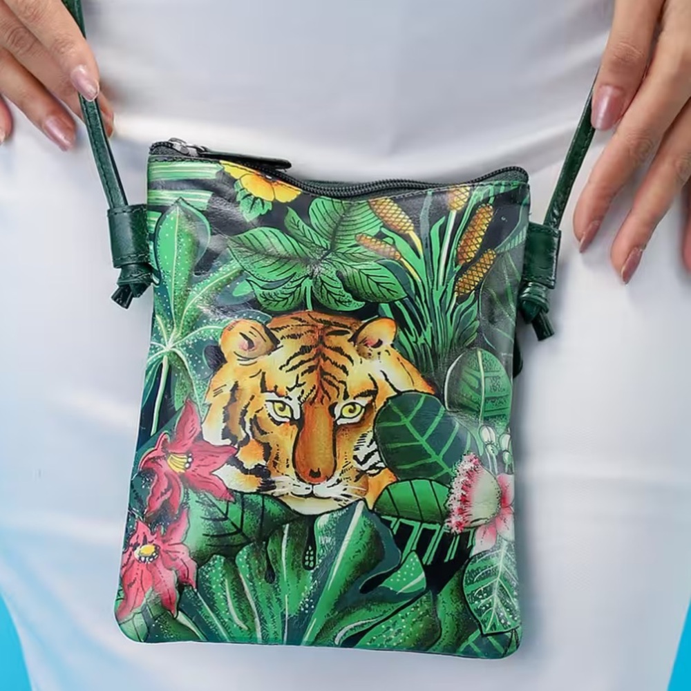 Vivid by Sukriti Green Tiger Pattern Hand Painted Genuine Leather Crossbody Bag